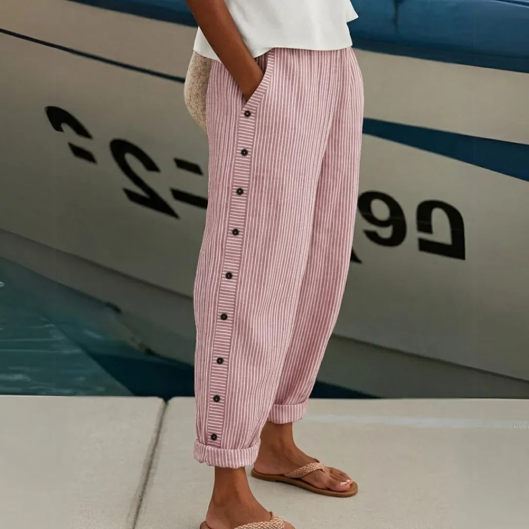Caitlin – High-Waisted Striped Button Trousers