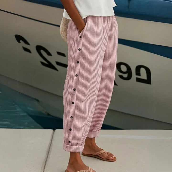 Caitlin – High-Waisted Striped Button Trousers