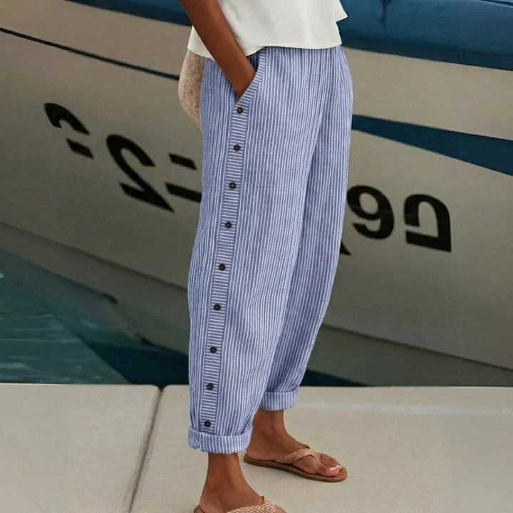 Caitlin – High-Waisted Striped Button Trousers
