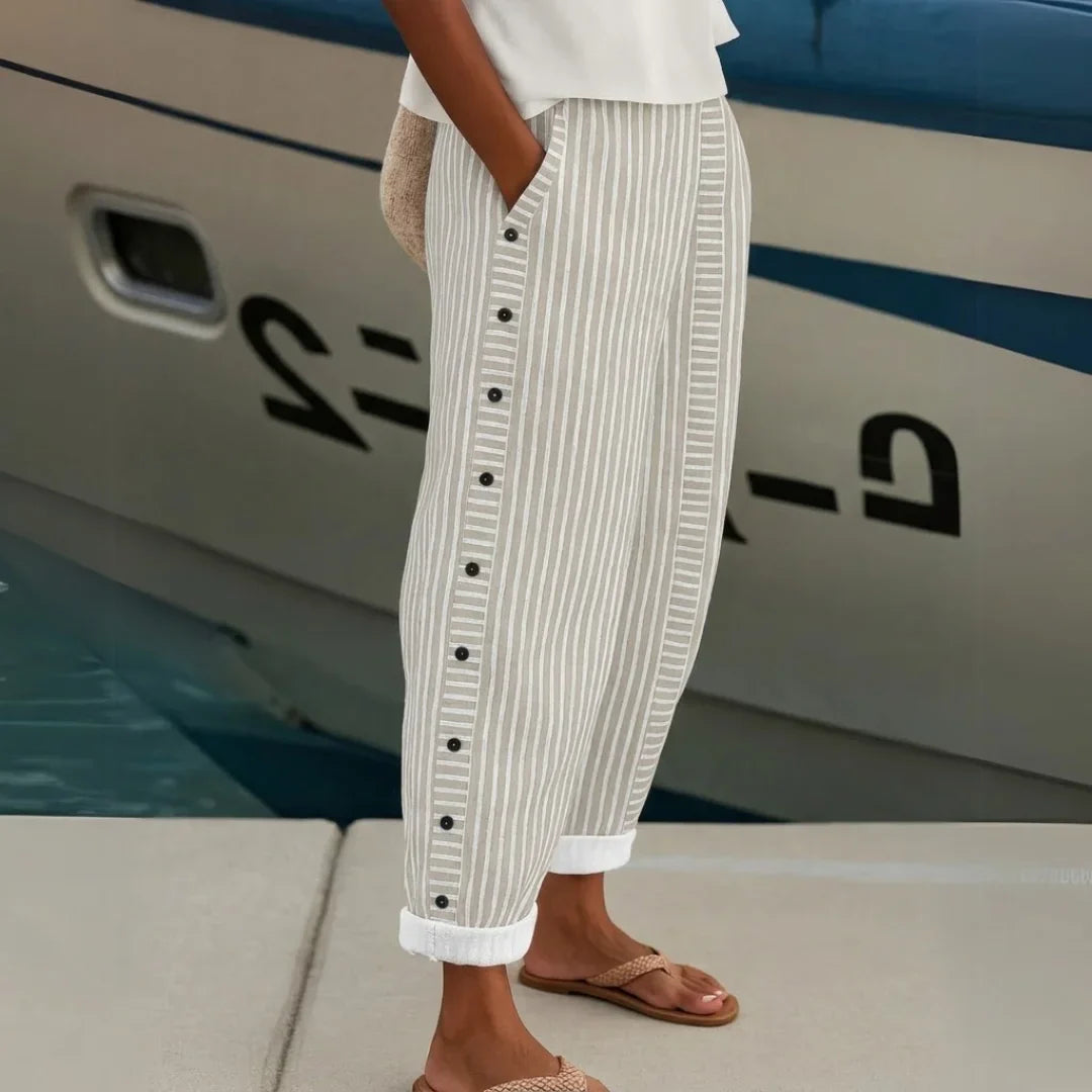 Caitlin – High-Waisted Striped Button Trousers