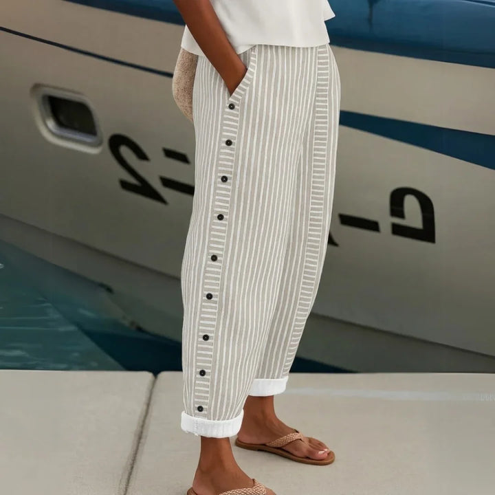 Caitlin – High-Waisted Striped Button Trousers