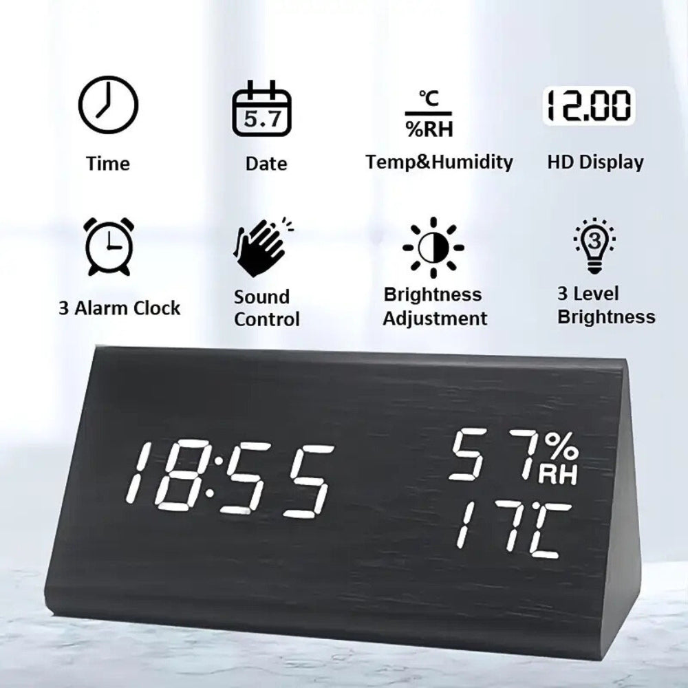 Wooden Digital Alarm Clock with Thermometer