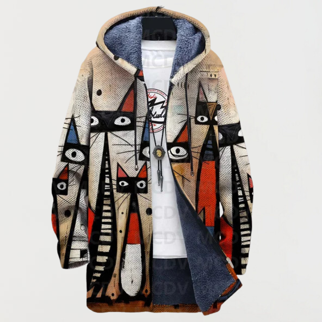 Neasa – Hooded Jacket with Artistic Cat Print