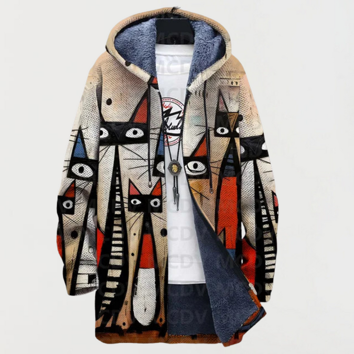 Neasa – Hooded Jacket with Artistic Cat Print