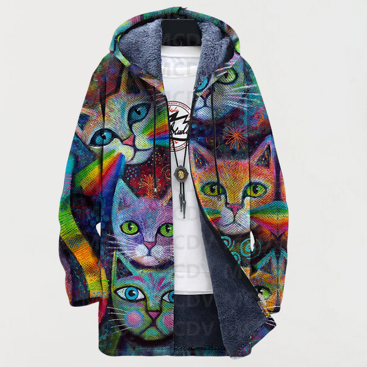 Neasa – Hooded Jacket with Artistic Cat Print