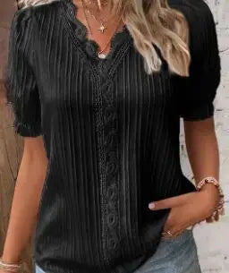 Simona – Pleated Blouse with Lace Trim and V-Neck