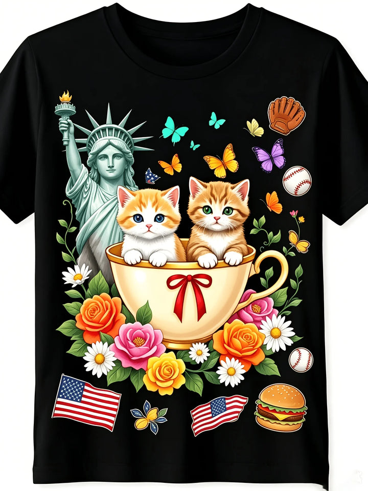 Maeve – Cotton T-Shirt with Retro Kitten Print