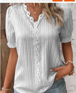 Simona – Pleated Blouse with Lace Trim and V-Neck