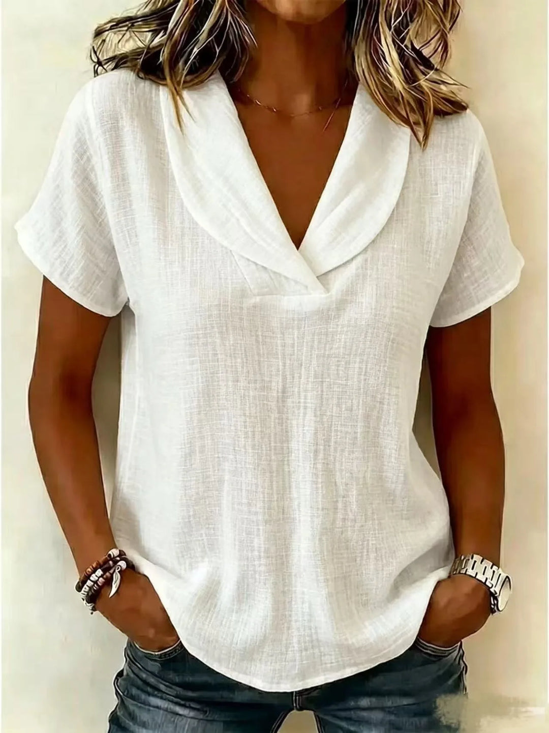 Tereza – Relaxed V-Neck Blouse with Linen Texture