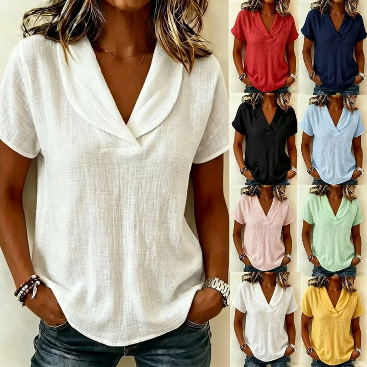 Tereza – Relaxed V-Neck Blouse with Linen Texture