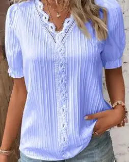 Simona – Pleated Blouse with Lace Trim and V-Neck
