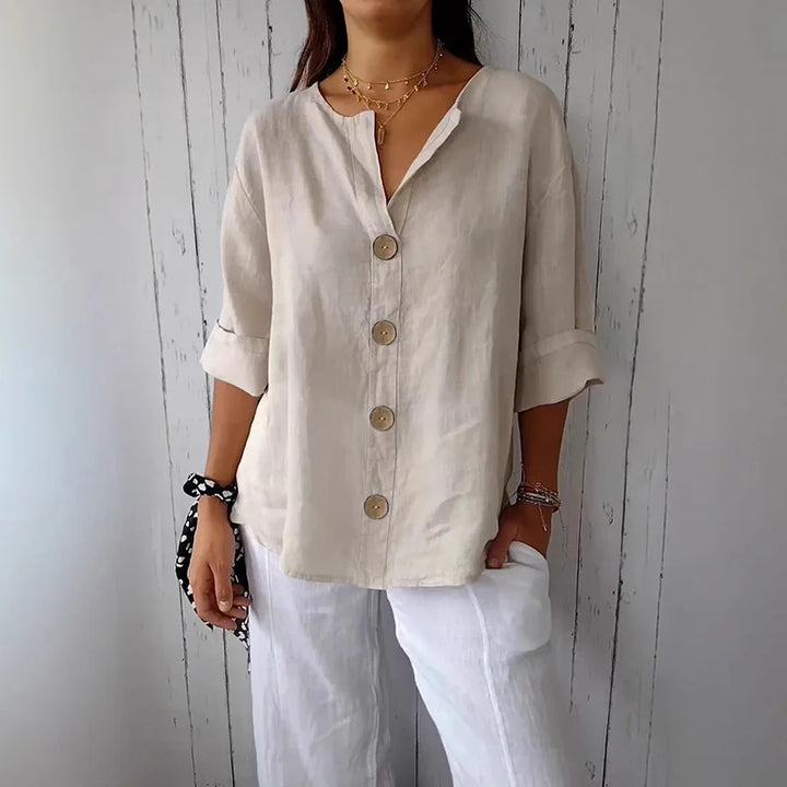 Brona – Loose Linen Blouse with Buttons and V-Neck