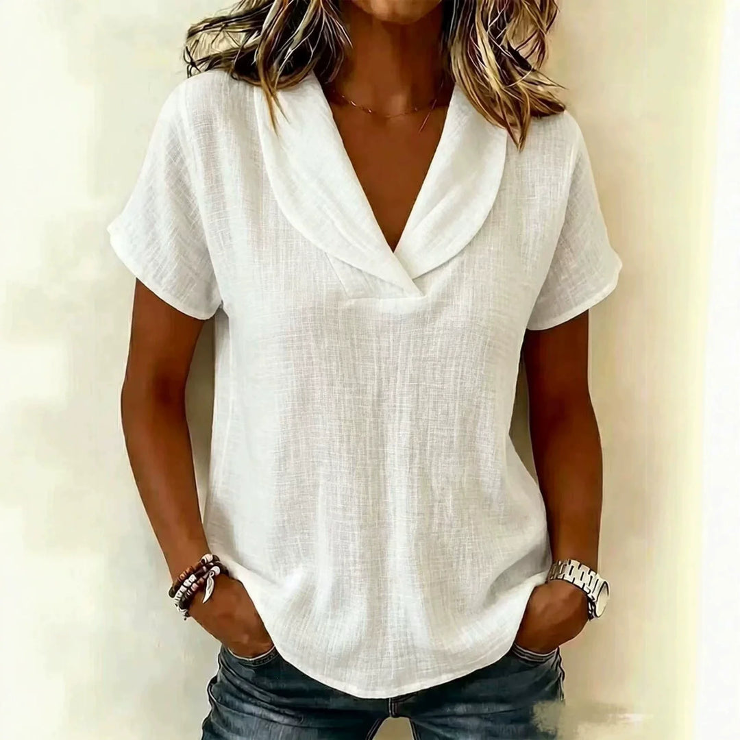 Tereza – Relaxed V-Neck Blouse with Linen Texture