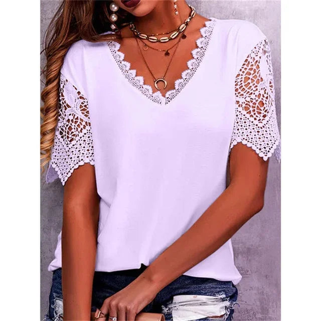 Bridget – Lace-Sleeve V-Neck T-Shirt