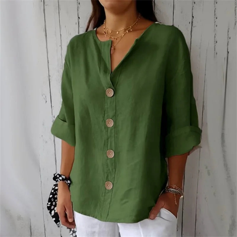 Brona – Loose Linen Blouse with Buttons and V-Neck