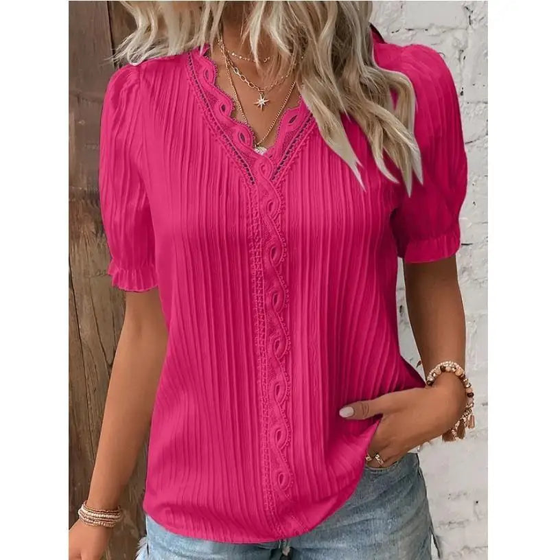 Simona – Pleated Blouse with Lace Trim and V-Neck