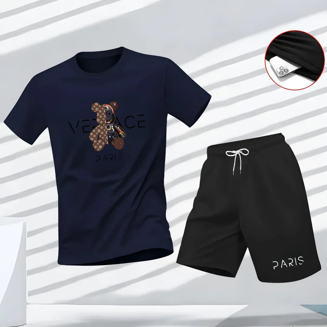Vinnie – T-Shirt and Shorts Set with Bear Graphic Print