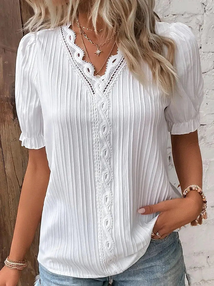 Simona – Pleated Blouse with Lace Trim and V-Neck