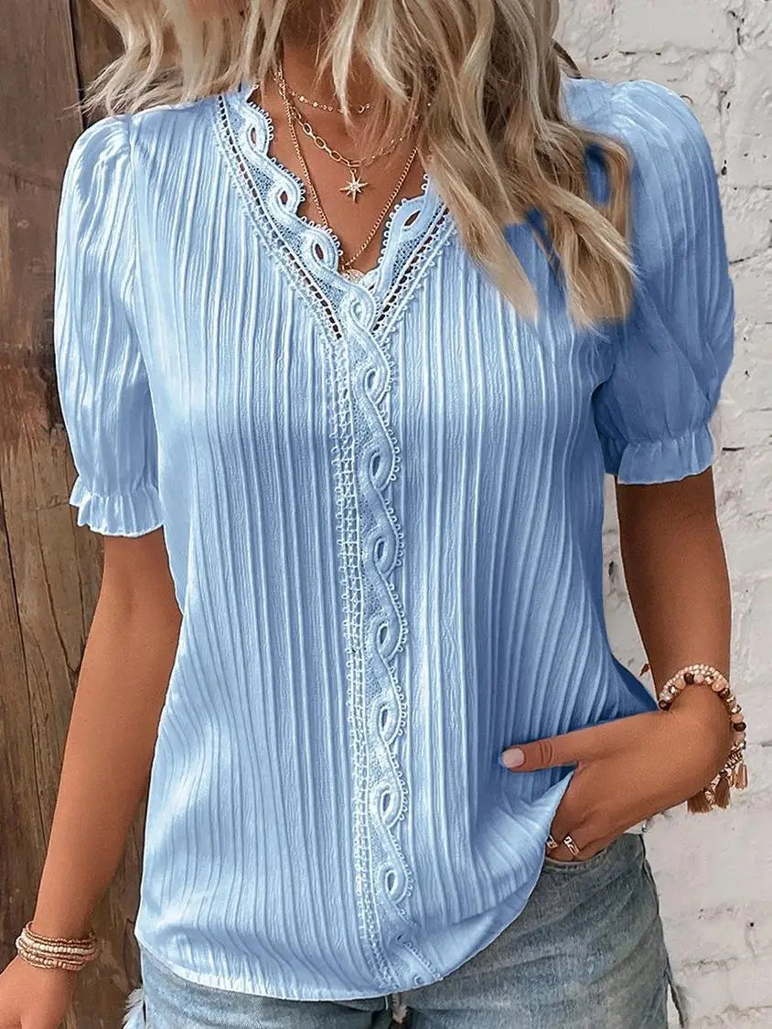 Simona – Pleated Blouse with Lace Trim and V-Neck