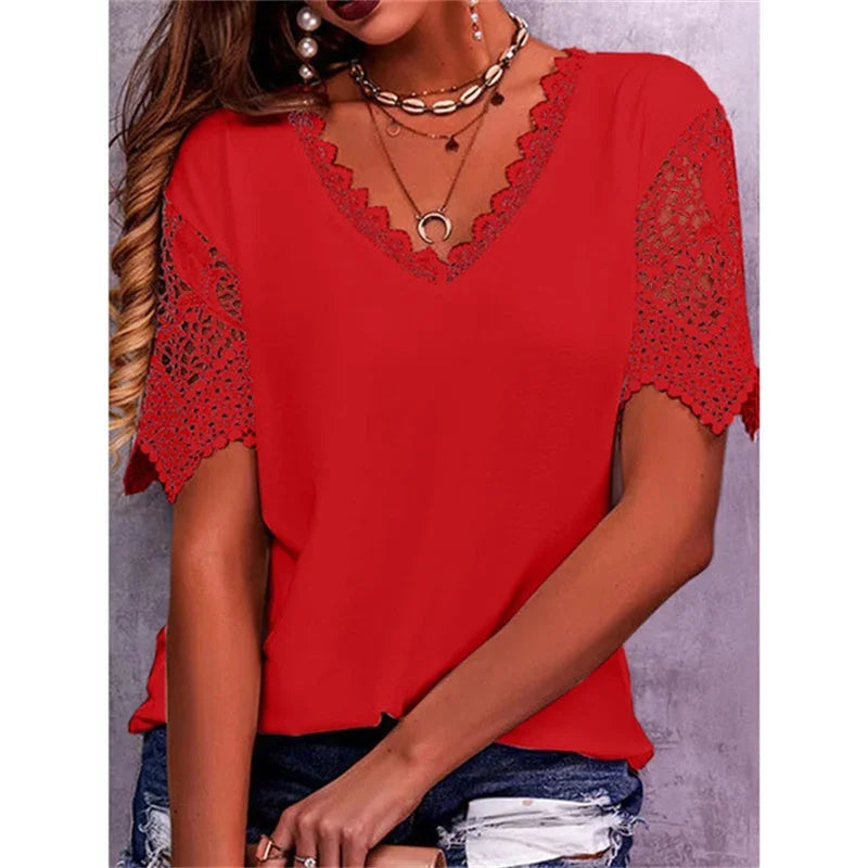 Bridget – Lace-Sleeve V-Neck T-Shirt