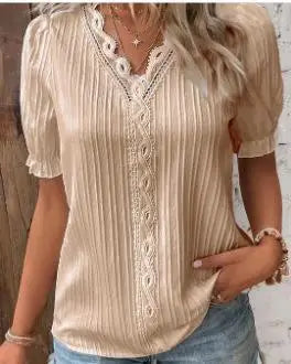 Simona – Pleated Blouse with Lace Trim and V-Neck