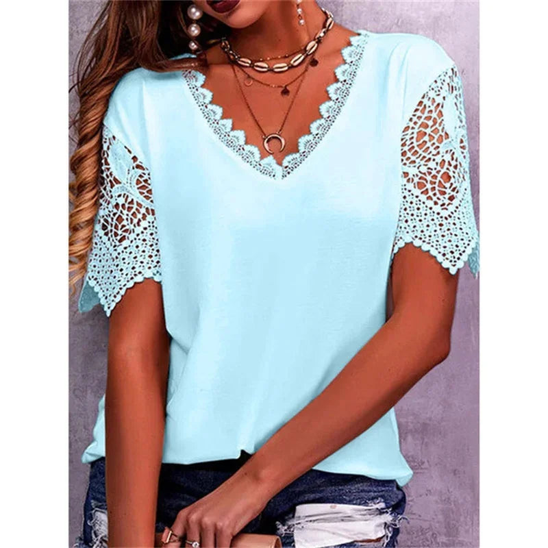 Bridget – Lace-Sleeve V-Neck T-Shirt