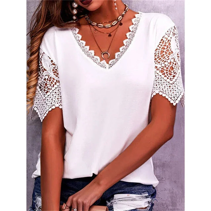 Bridget – Lace-Sleeve V-Neck T-Shirt