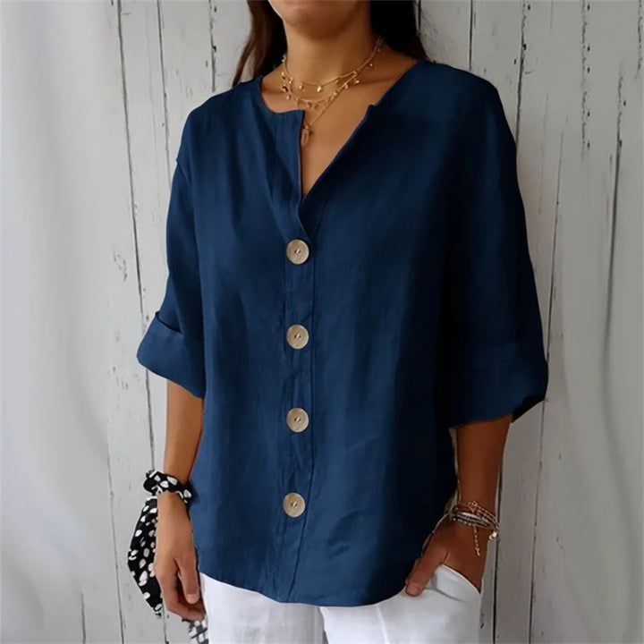 Brona – Loose Linen Blouse with Buttons and V-Neck