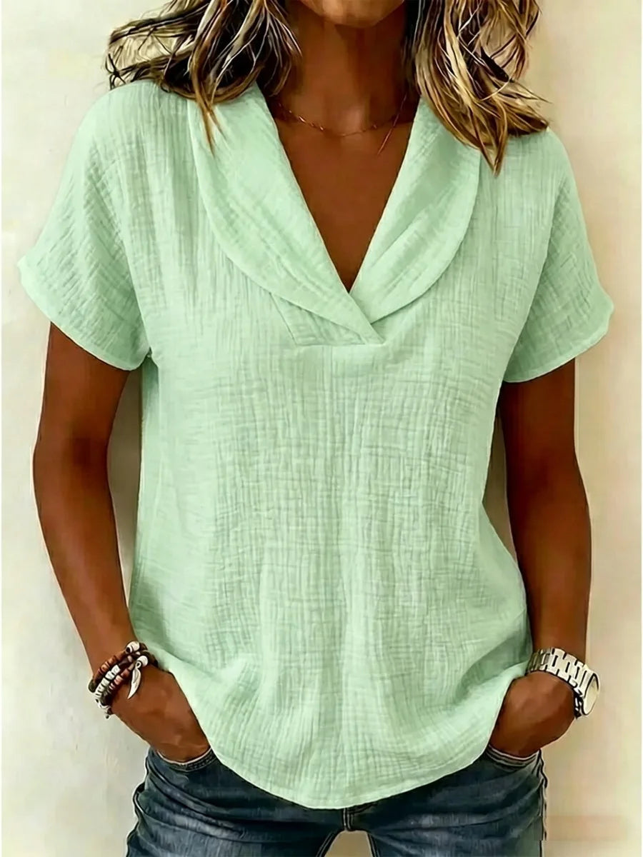 Tereza – Relaxed V-Neck Blouse with Linen Texture