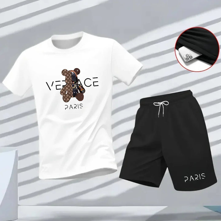 Vinnie – T-Shirt and Shorts Set with Bear Graphic Print