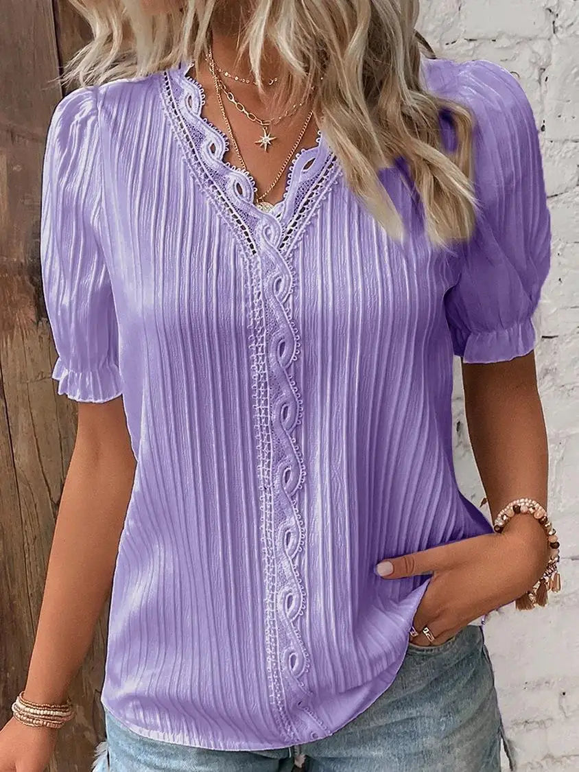 Simona – Pleated Blouse with Lace Trim and V-Neck