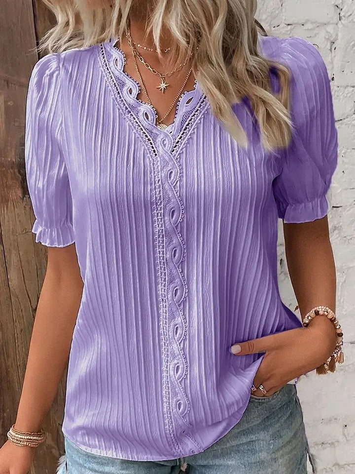 Simona – Pleated Blouse with Lace Trim and V-Neck