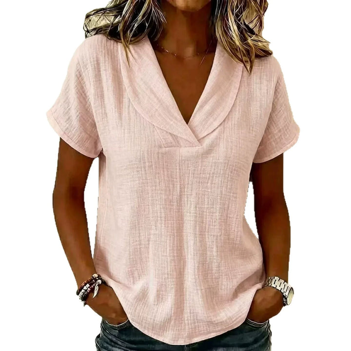 Tereza – Relaxed V-Neck Blouse with Linen Texture