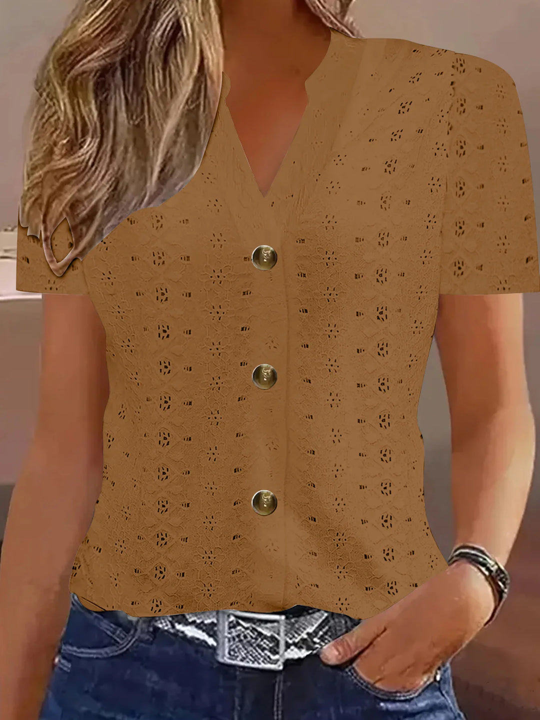 Klára – Lace-Pattern Blouse with V-Neck