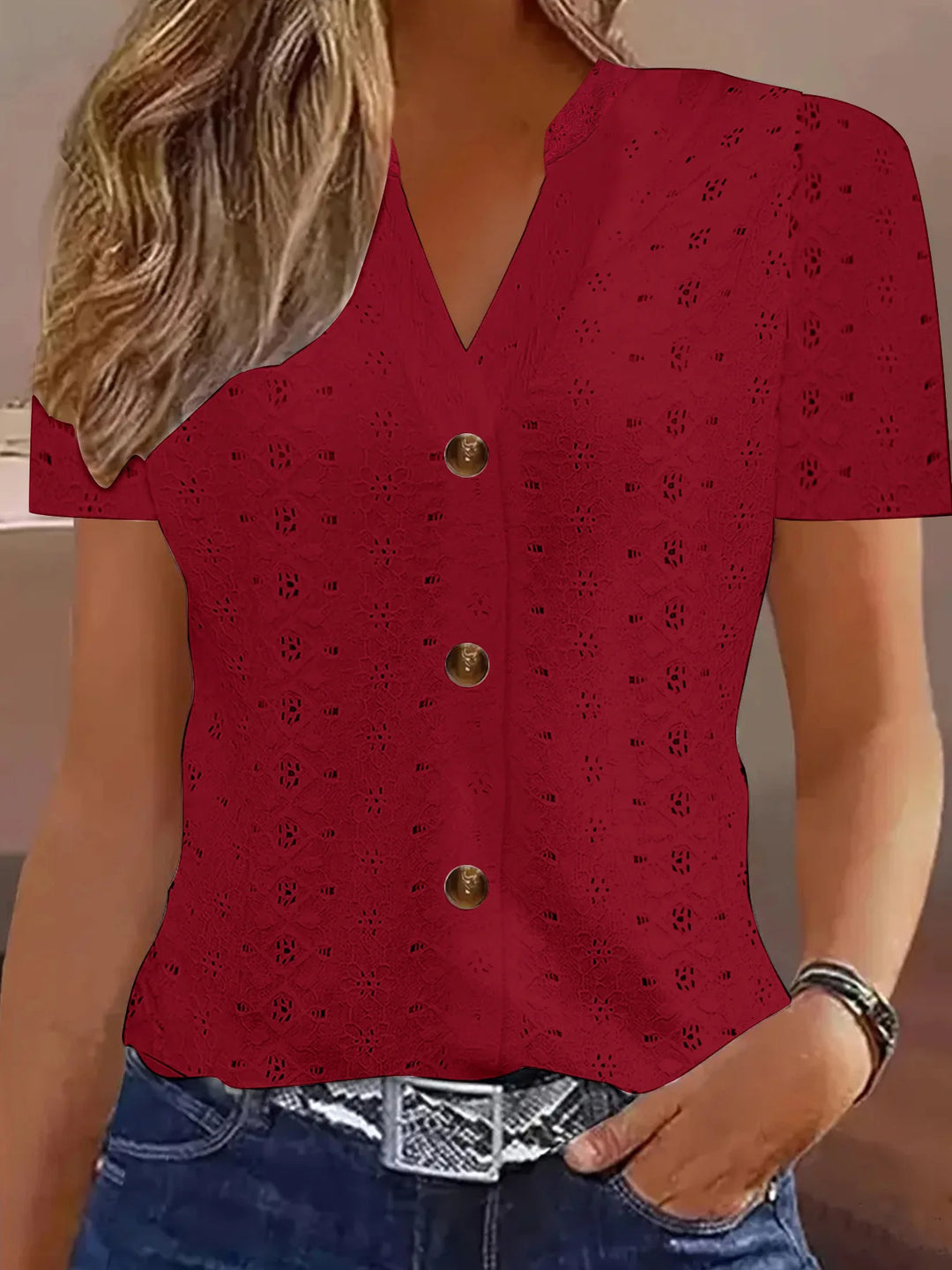 Klára – Lace-Pattern Blouse with V-Neck