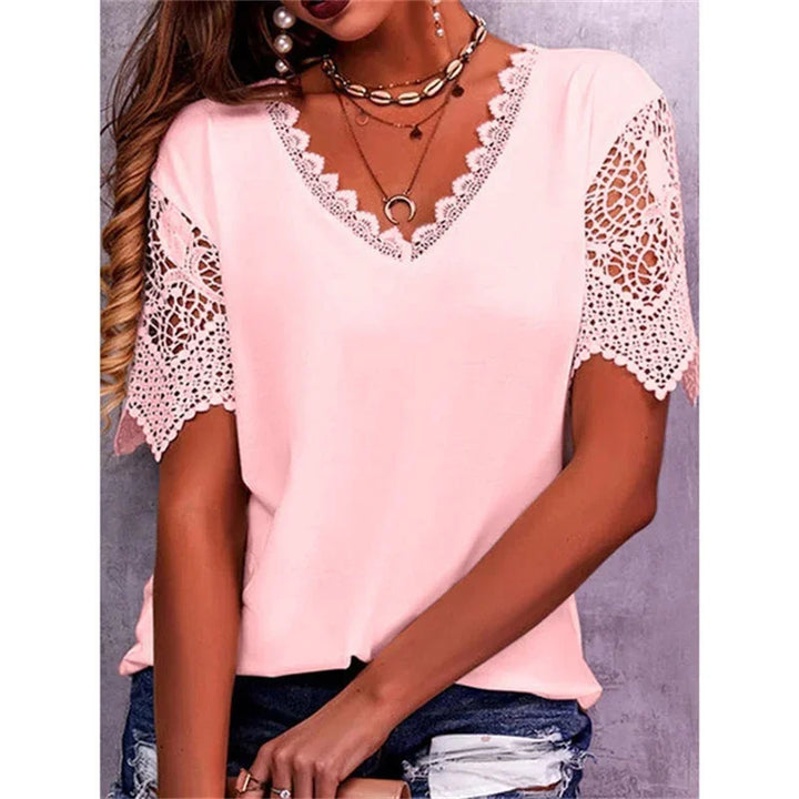 Bridget – Lace-Sleeve V-Neck T-Shirt