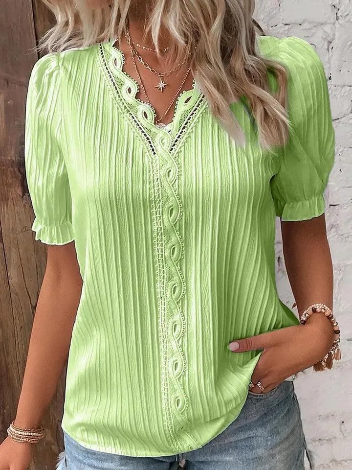 Simona – Pleated Blouse with Lace Trim and V-Neck