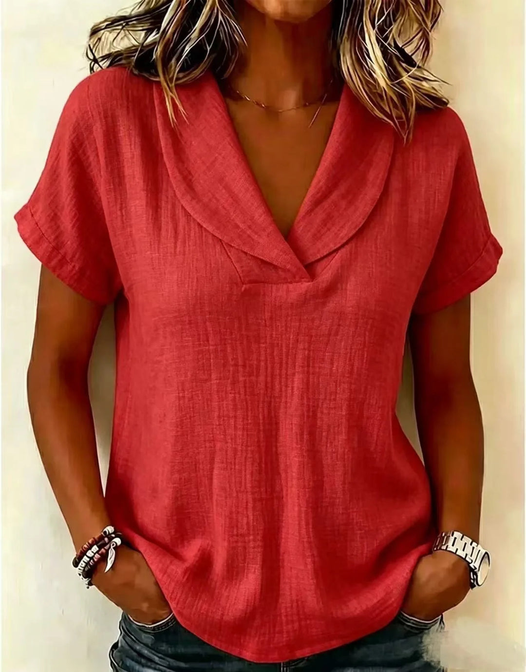 Tereza – Relaxed V-Neck Blouse with Linen Texture