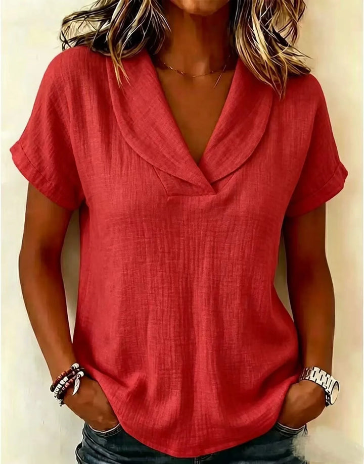 Tereza – Relaxed V-Neck Blouse with Linen Texture
