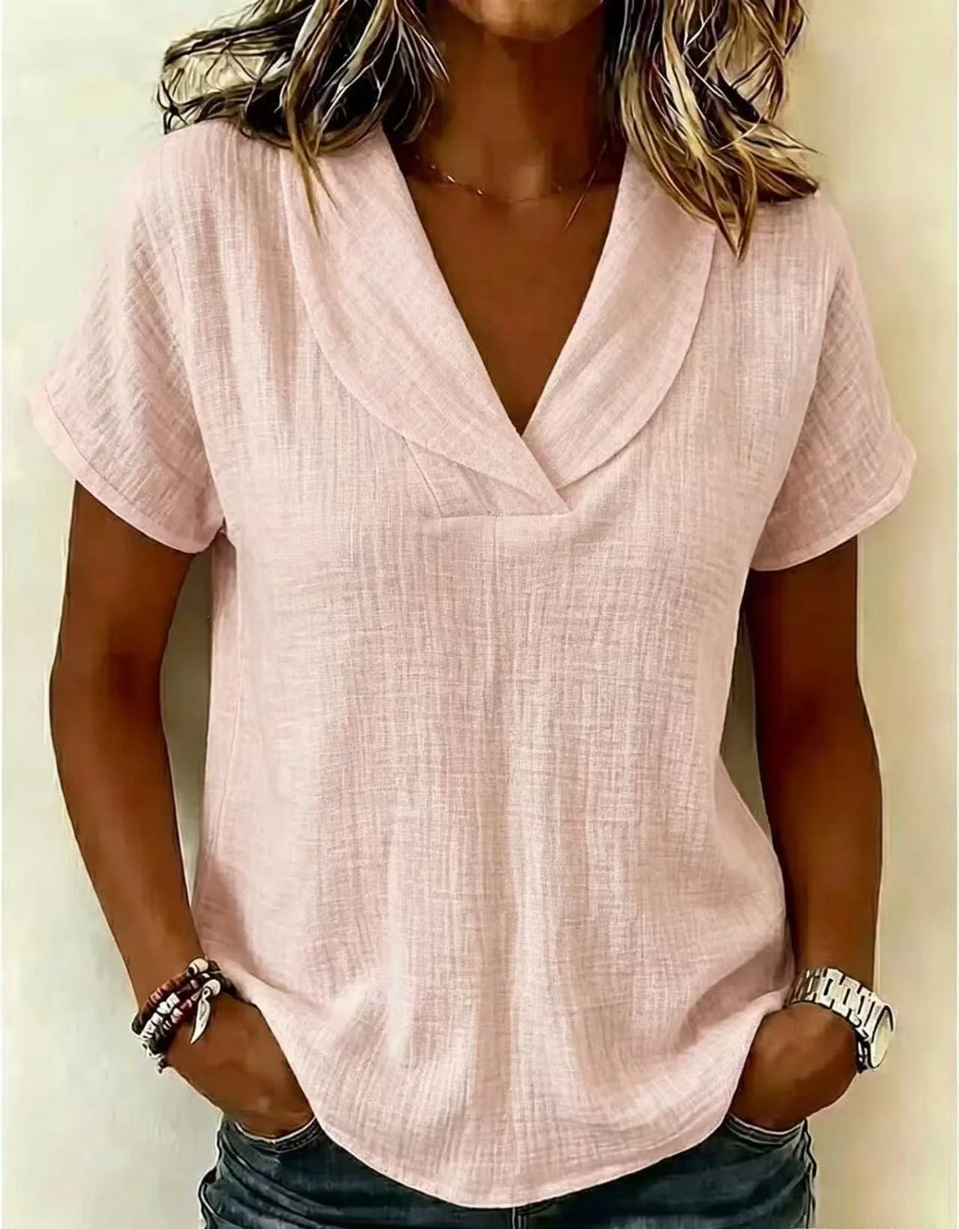 Tereza – Relaxed V-Neck Blouse with Linen Texture