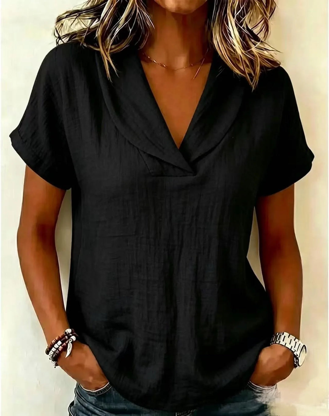 Tereza – Relaxed V-Neck Blouse with Linen Texture