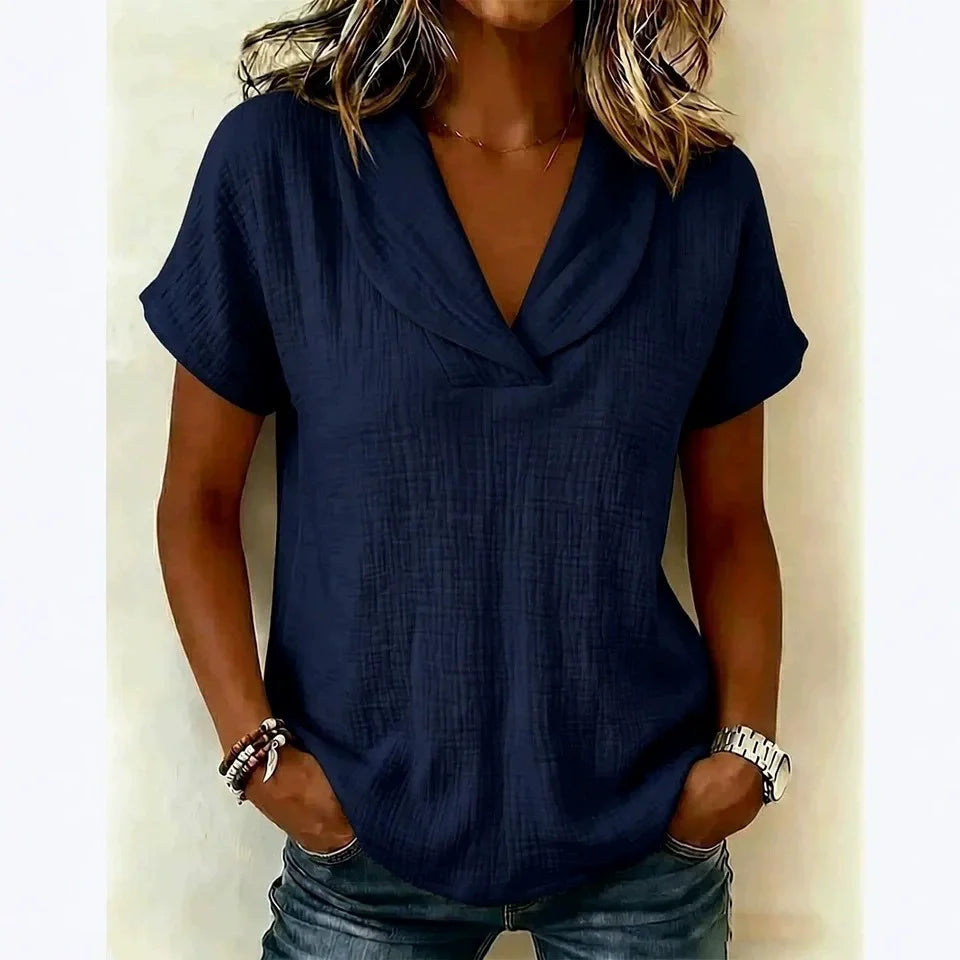 Tereza – Relaxed V-Neck Blouse with Linen Texture