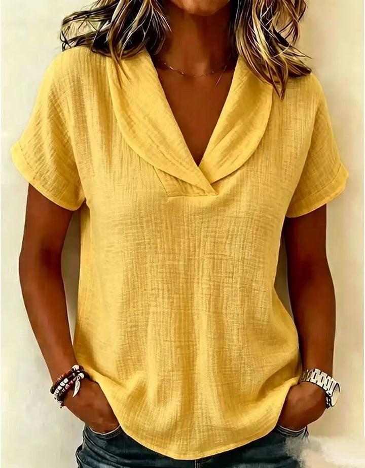 Tereza – Relaxed V-Neck Blouse with Linen Texture