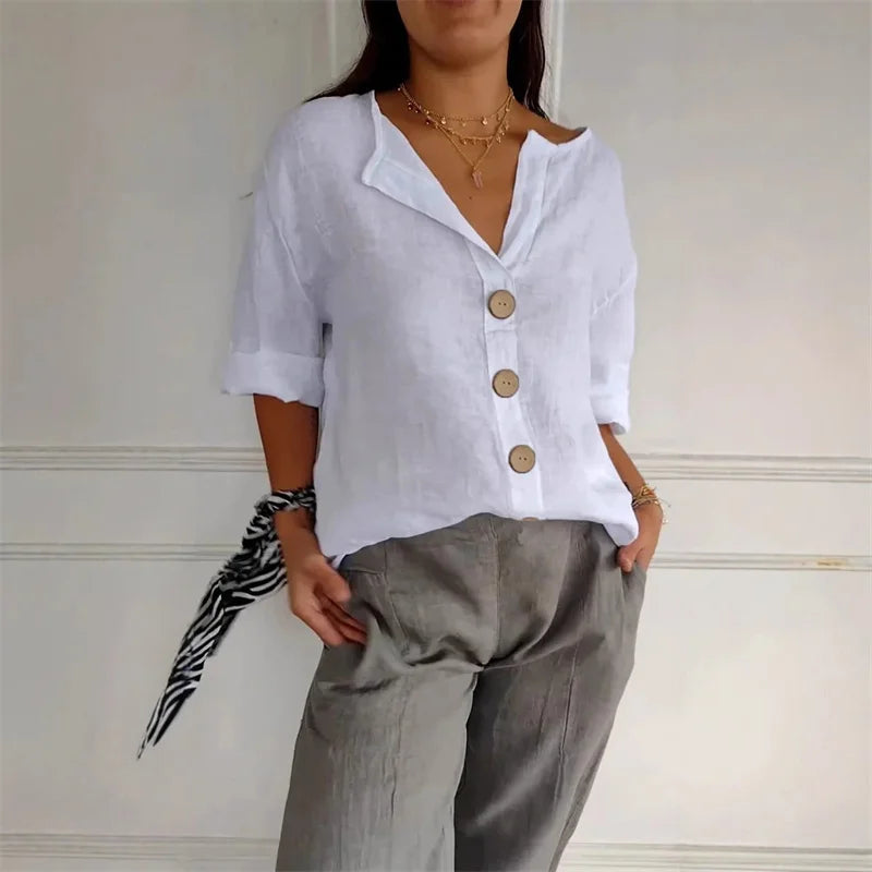 Brona – Loose Linen Blouse with Buttons and V-Neck