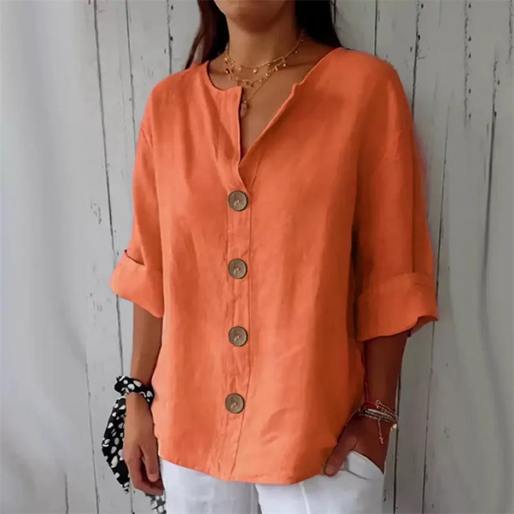 Brona – Loose Linen Blouse with Buttons and V-Neck