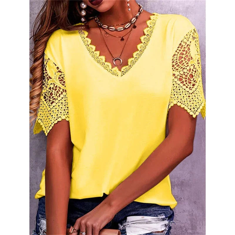 Bridget – Lace-Sleeve V-Neck T-Shirt