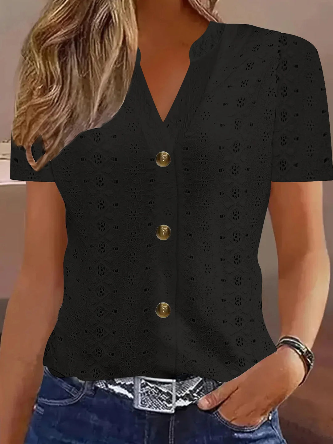 Klára – Lace-Pattern Blouse with V-Neck