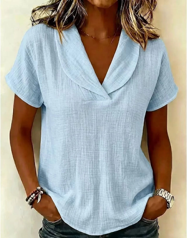 Tereza – Relaxed V-Neck Blouse with Linen Texture