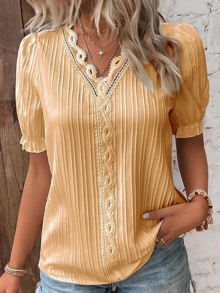 Simona – Pleated Blouse with Lace Trim and V-Neck