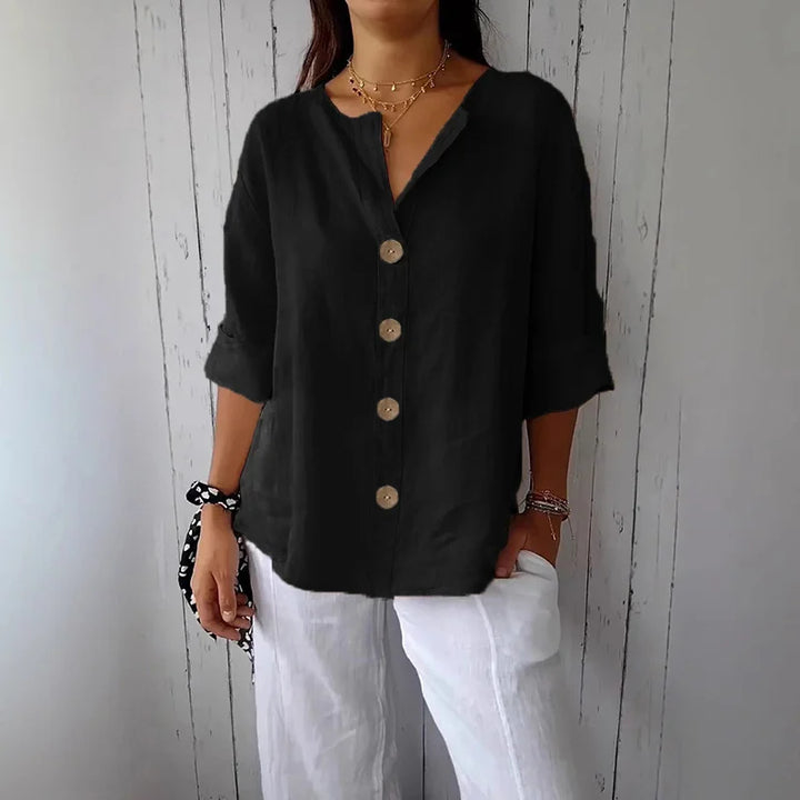 Brona – Loose Linen Blouse with Buttons and V-Neck